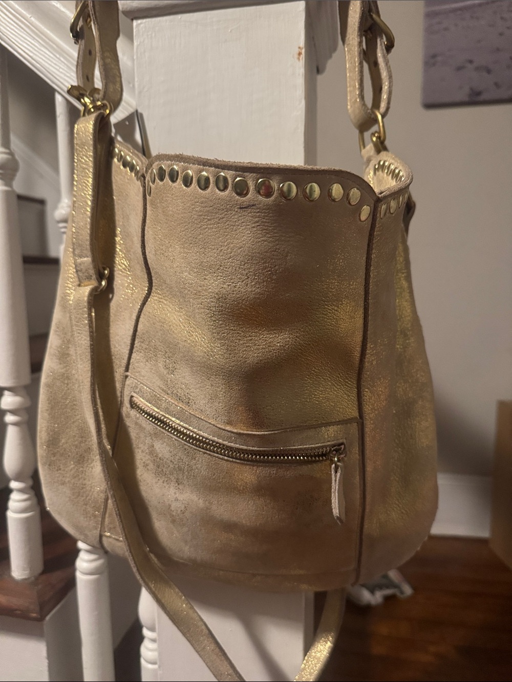 Laggo Women's Metallic Gold Studded Shoulder Hobo Bag